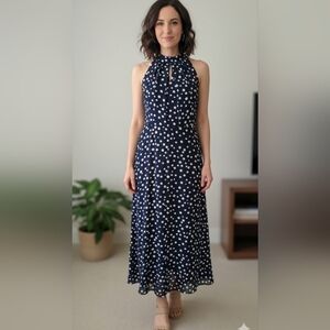 R&K Navy and White Polka Dot Maxi Dress